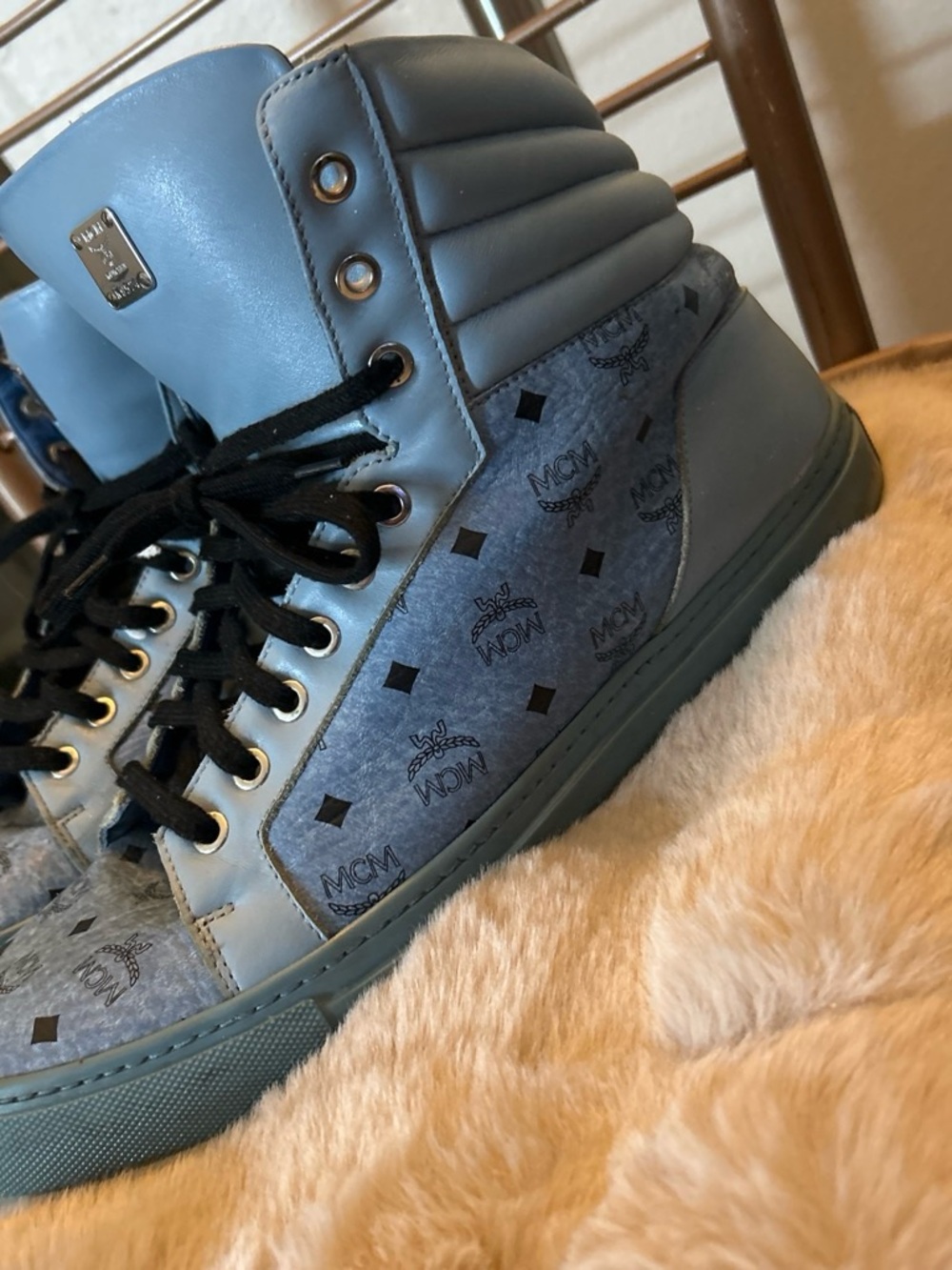 MCM Men's High-Top Sneaker in Light Blue and Black